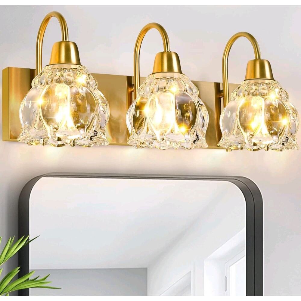 3 Light Vanity Fixture Brushed Brass Gold Flower Glass Shade E12 Dimmable